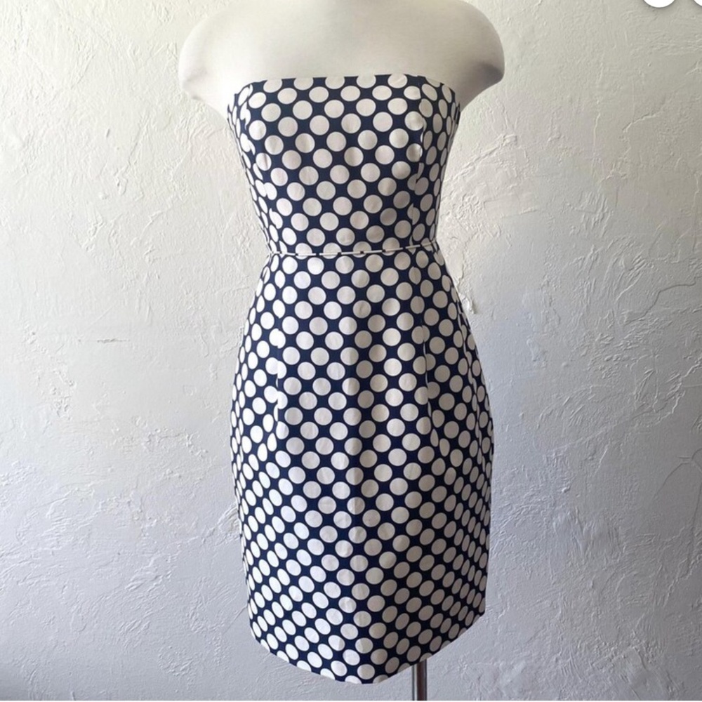J. Crew Navy and White Polka Dot Strapless Dress